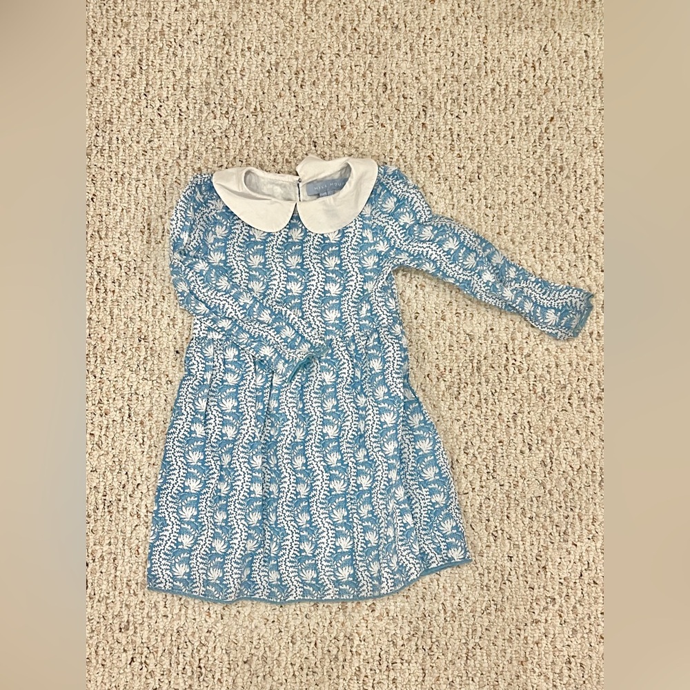 Hill House The Tiny Lottie Dress Blue Linear Floral Size 5/6 Yrs